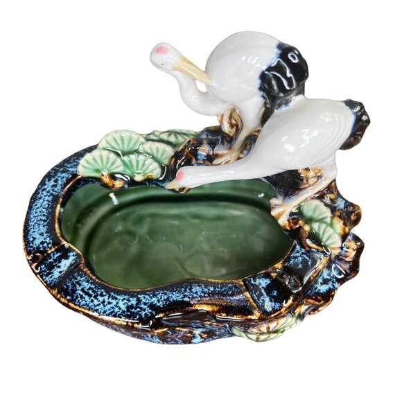 Japanese Glazed Porcelain Stork Ashtray 1960’s Mid Century Modern Lily Pads MCM - Picture 2 of 13